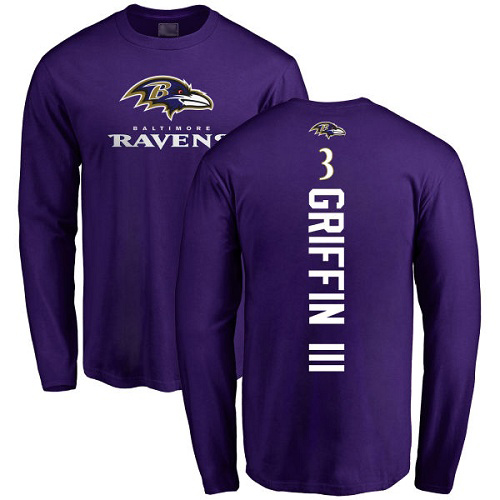 Men Baltimore Ravens Purple Robert Griffin III Backer NFL Football #3 Long Sleeve T Shirt